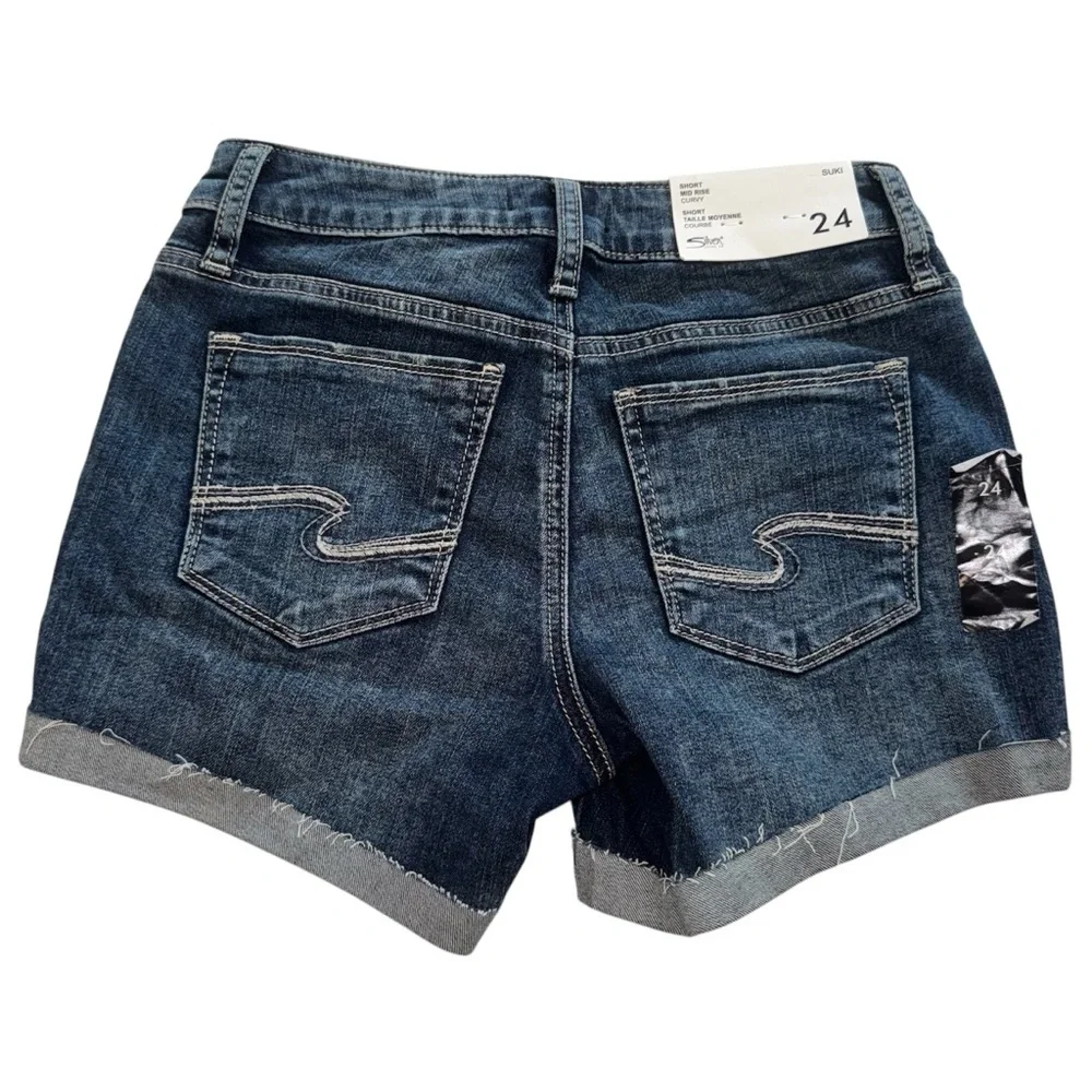 NWT Size 24 x 4 Silver Jeans Co. Suki Mid Rise Curvy Distressed Denim Shorts - Picture 2 of 5